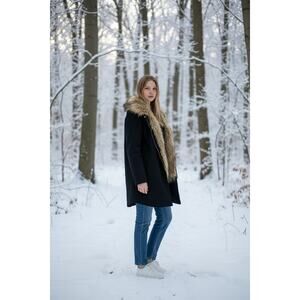 "COLE HAAN" Black Wool Coat, Faux Fur, Gold Metal Accents, Quiet Luxury